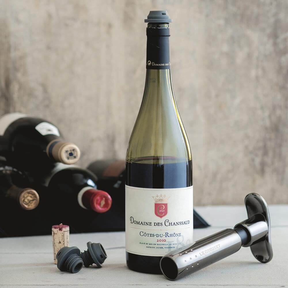 Le Creuset WA-137 Black Nickel Metal Wine Pump and 3 Stoppers 